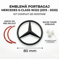Emblemă Stea Portbagaj Mercedes-Benz S-Class W222 80 mm Negru Lucios, ABS