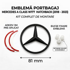 Emblemă Stea Portbagaj Mercedes-Benz A-Class W177 Hatchback 81 mm Negru Lucios, ABS