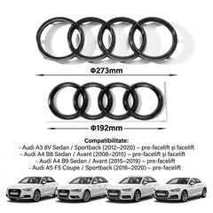 Set embleme Audi A3 8V, A4 B8/B9 Pre-Facelift, A5 8T Coupe/F5 Pre-Facelift, 273+192 mm, Negru Lucios