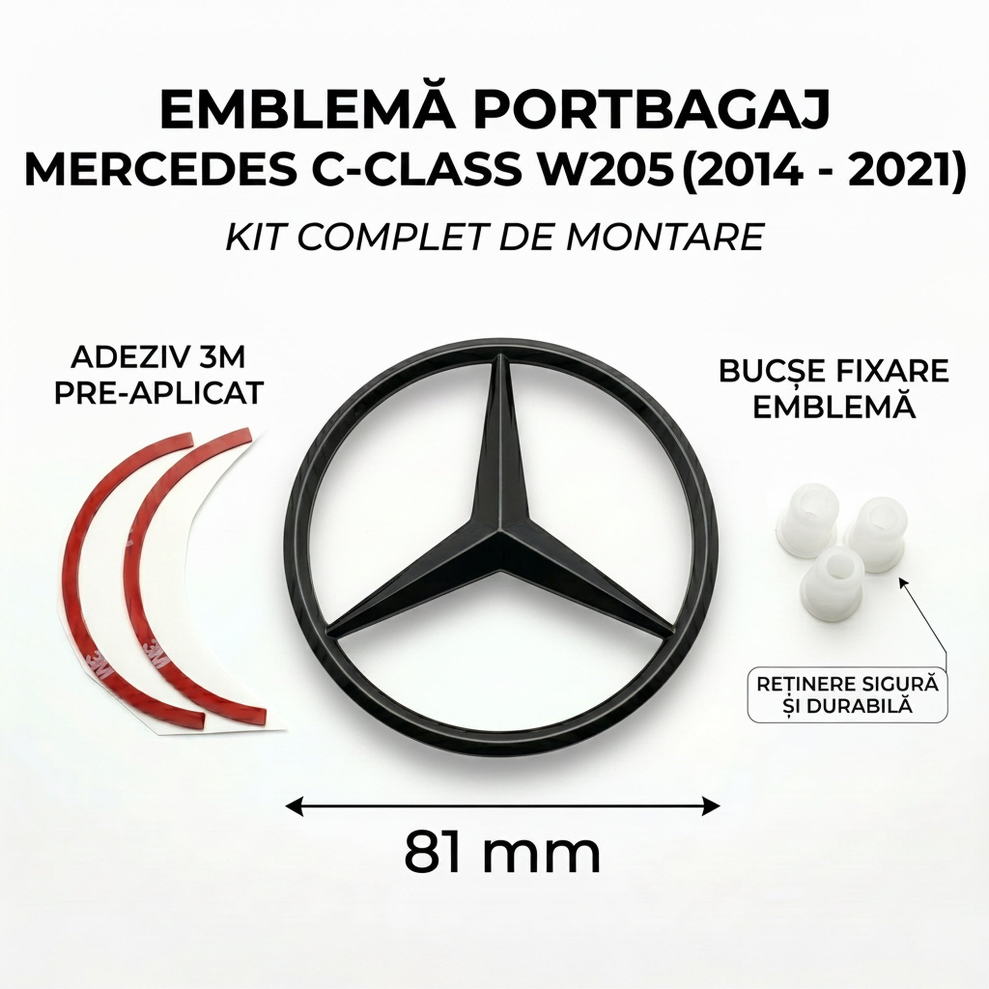 Emblemă Stea Portbagaj Mercedes-Benz C-Class W205 / S205 / C205 / A205 81 mm Negru Lucios, ABS