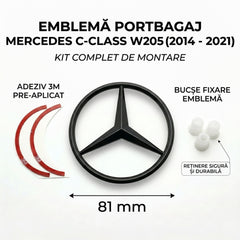 Emblemă Stea Portbagaj Mercedes-Benz C-Class W205 / S205 / C205 / A205 81 mm Negru Lucios, ABS