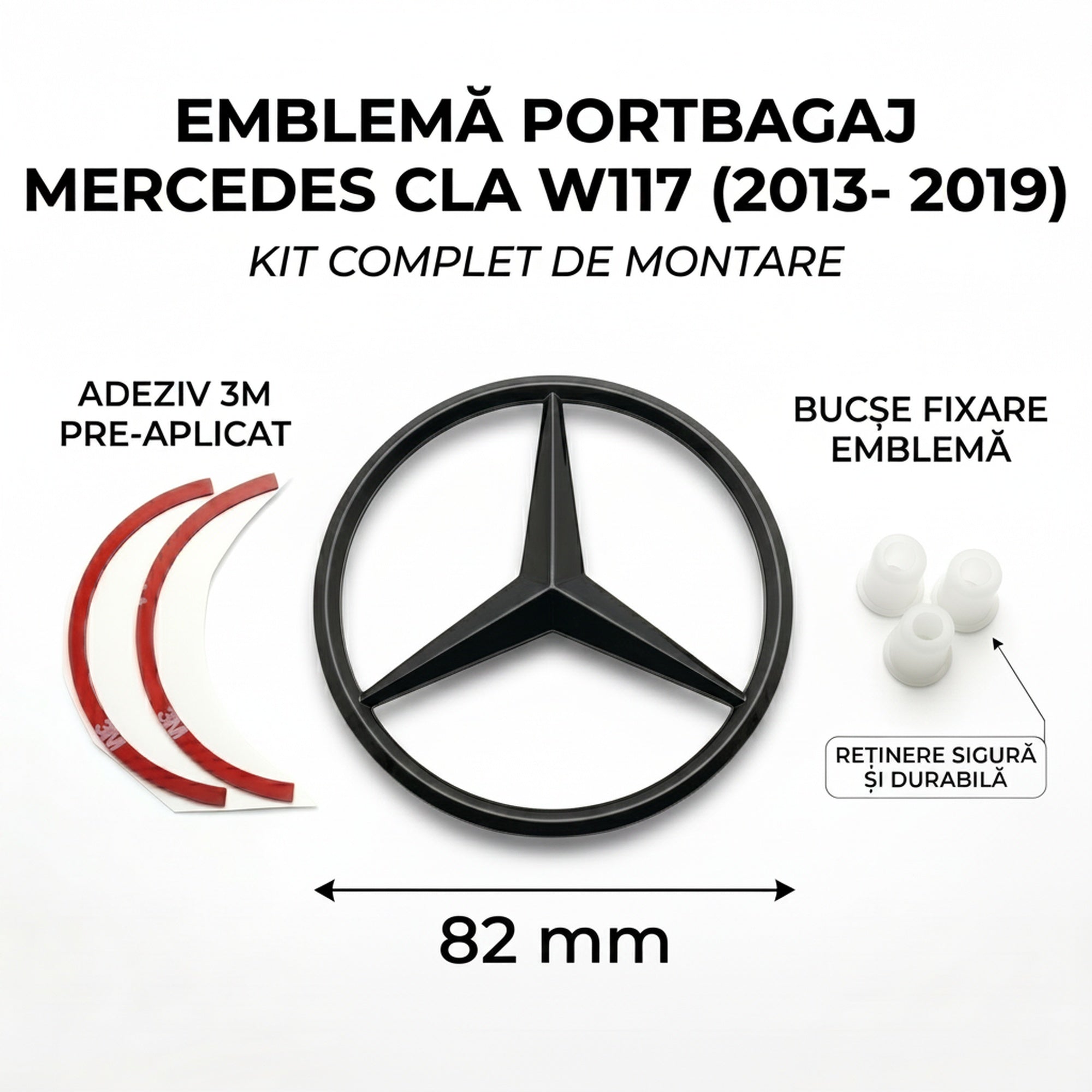 Emblemă Stea Portbagaj Mercedes-Benz CLA C117 82 mm Negru Lucios, ABS