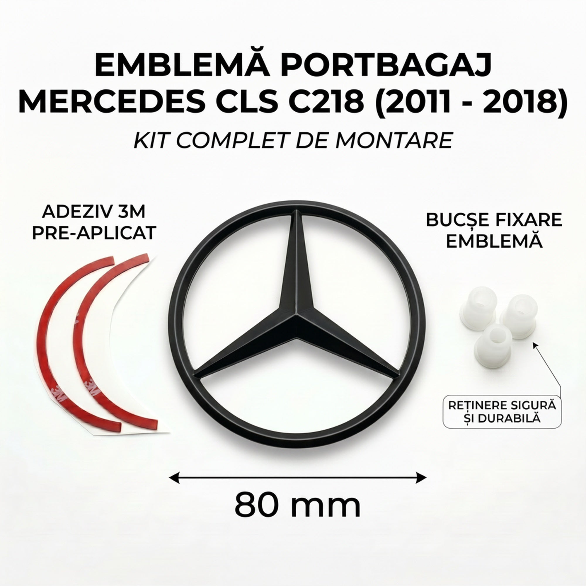 Emblemă Stea Portbagaj Mercedes-Benz CLS C218 80 mm Negru Lucios, ABS