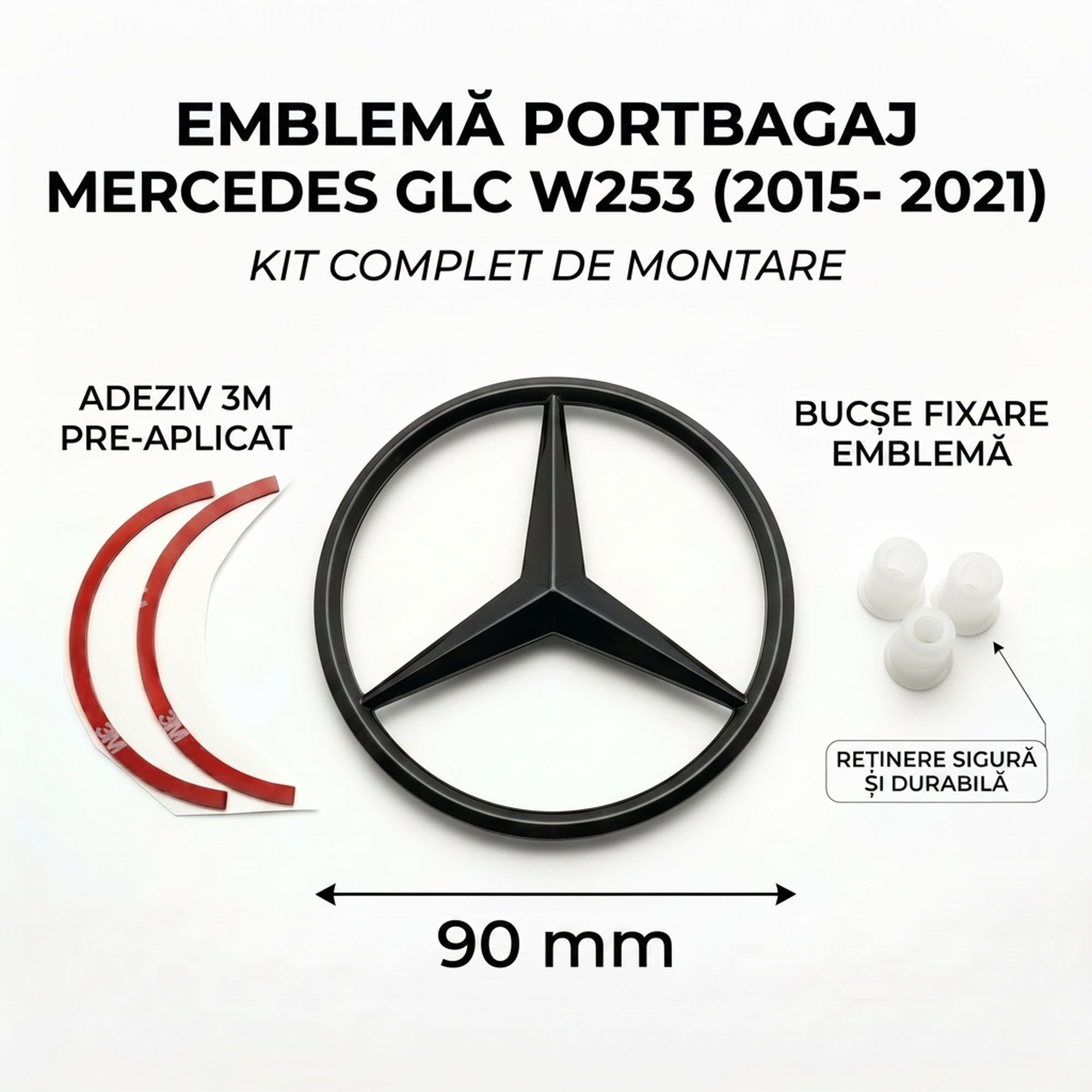 Emblemă Stea Portbagaj Mercedes-Benz GLC X253 90 mm Negru Lucios, ABS
