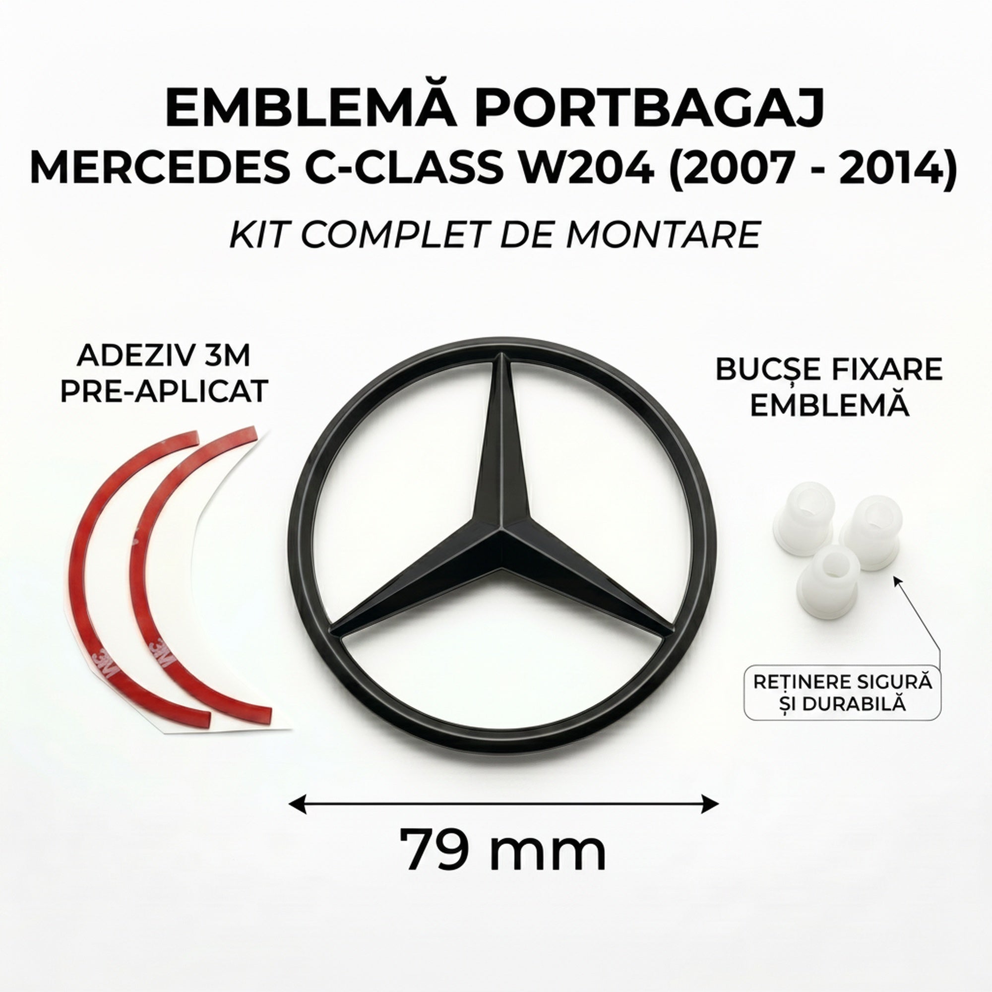 Emblemă Stea Portbagaj Mercedes-Benz C-Class W204 / S204 79 mm Negru Lucios, ABS