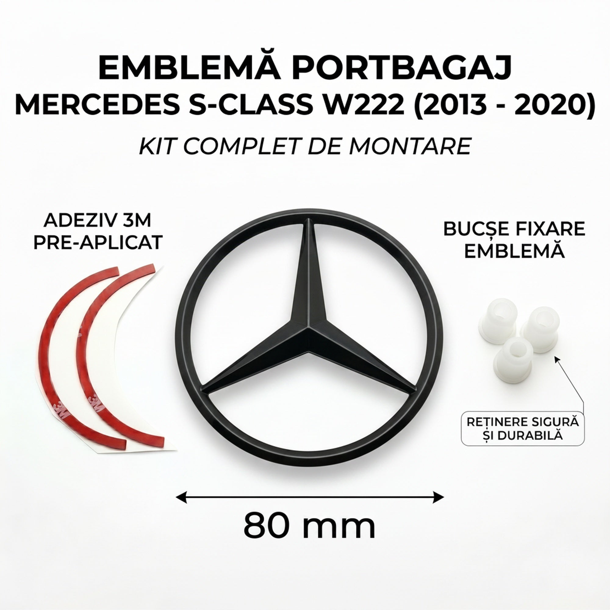 Emblemă Stea Portbagaj Mercedes-Benz S-Class W222 80 mm Negru Lucios, ABS