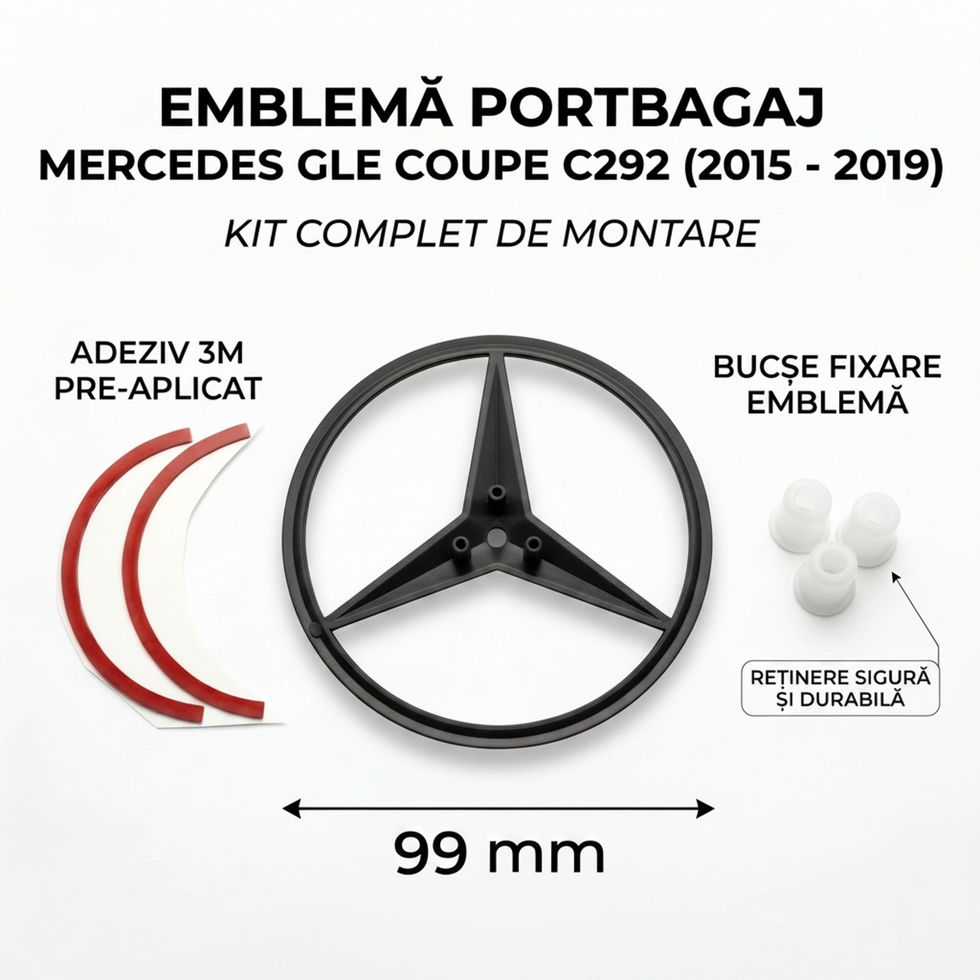 Emblemă Stea Portbagaj Mercedes-Benz GLE Coupe C292 99 mm Negru Lucios, ABS