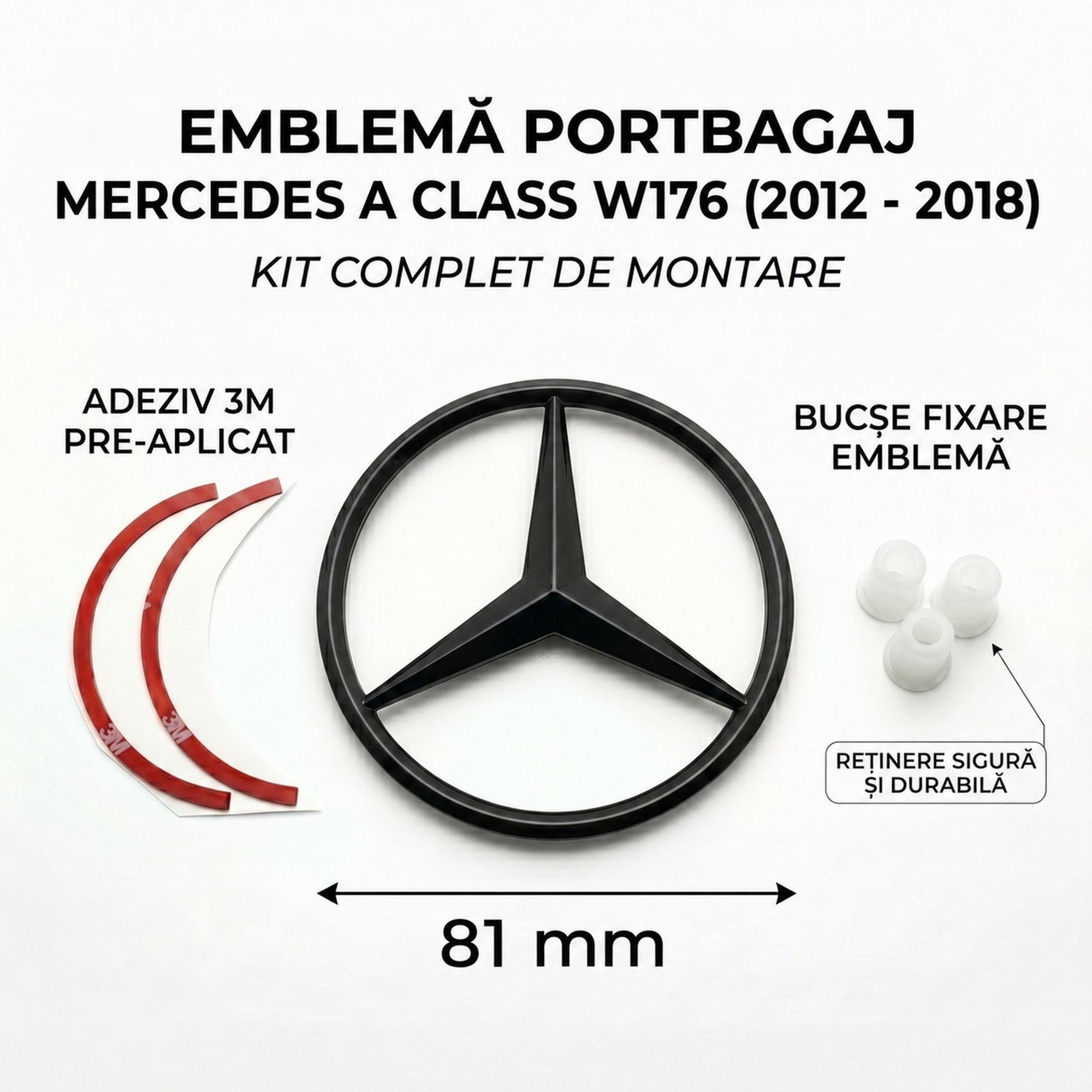 Emblemă Stea Portbagaj Mercedes-Benz A-Class W176 81 mm Negru Lucios, ABS