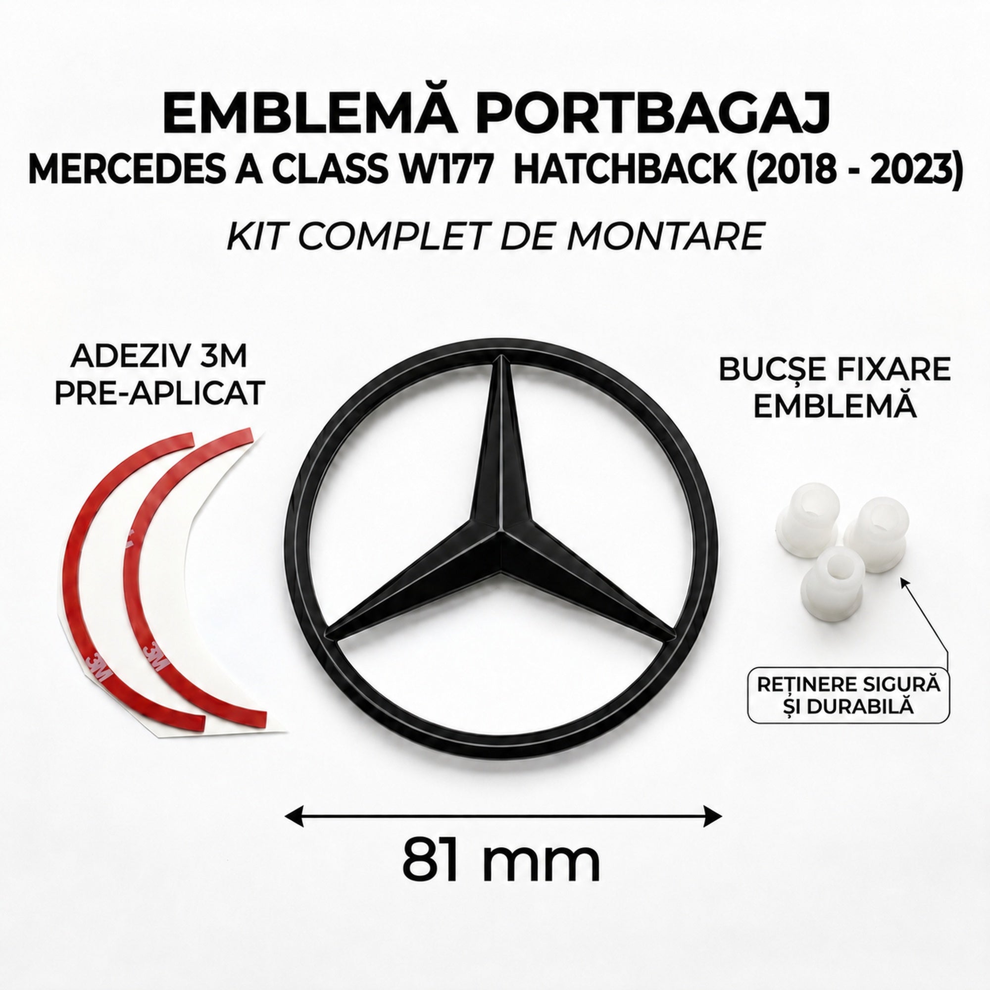 Emblemă Stea Portbagaj Mercedes-Benz A-Class W177 Hatchback 81 mm Negru Lucios, ABS