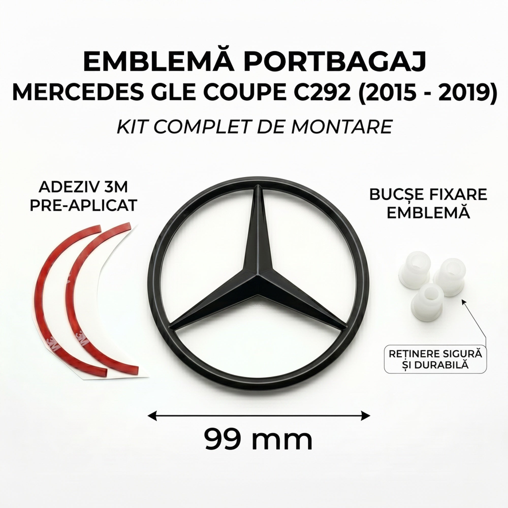 Emblemă Stea Portbagaj Mercedes-Benz GLE Coupe C292 99 mm Negru Lucios, ABS