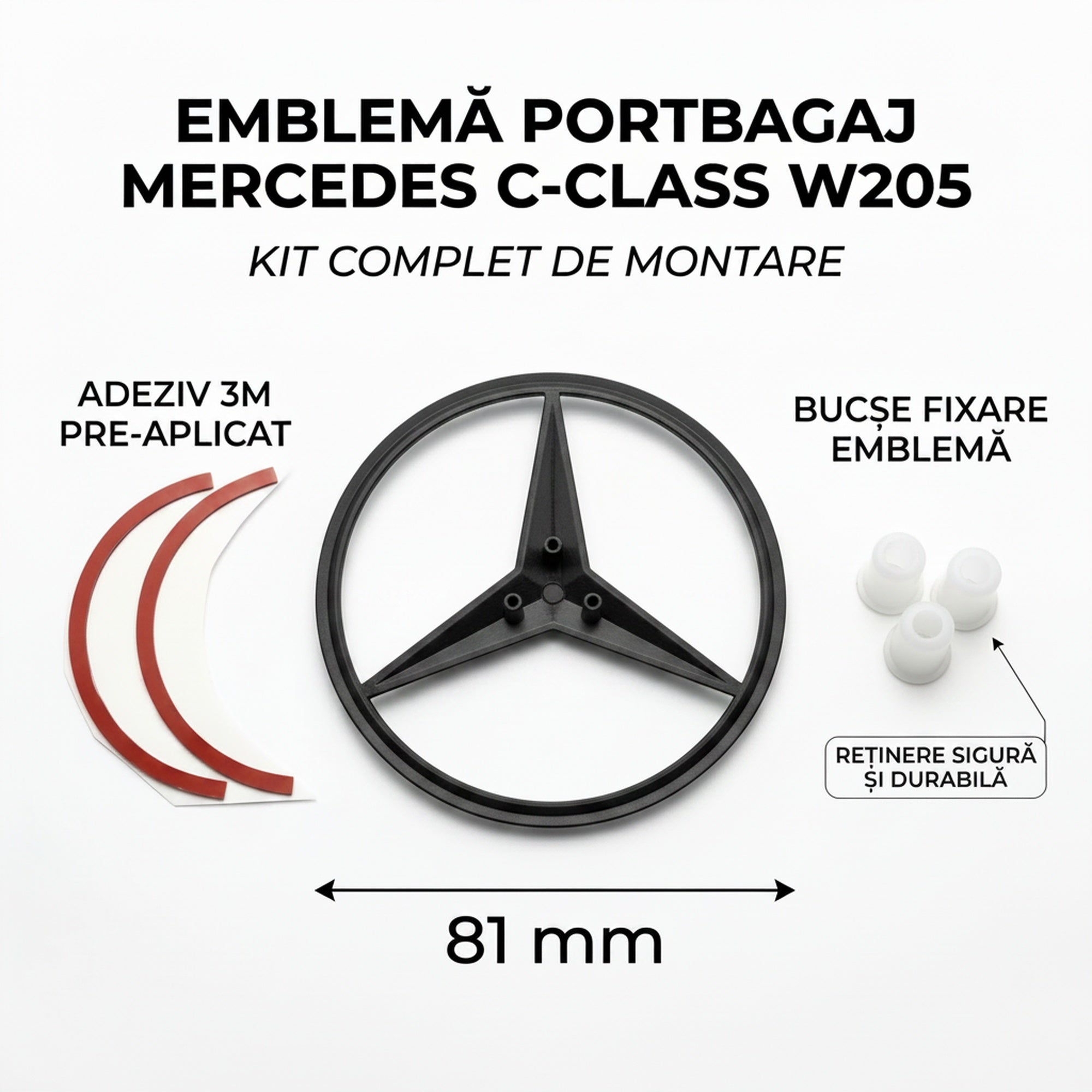 Emblemă Stea Portbagaj Mercedes-Benz C-Class W205 / S205 / C205 / A205 81 mm Negru Lucios, ABS