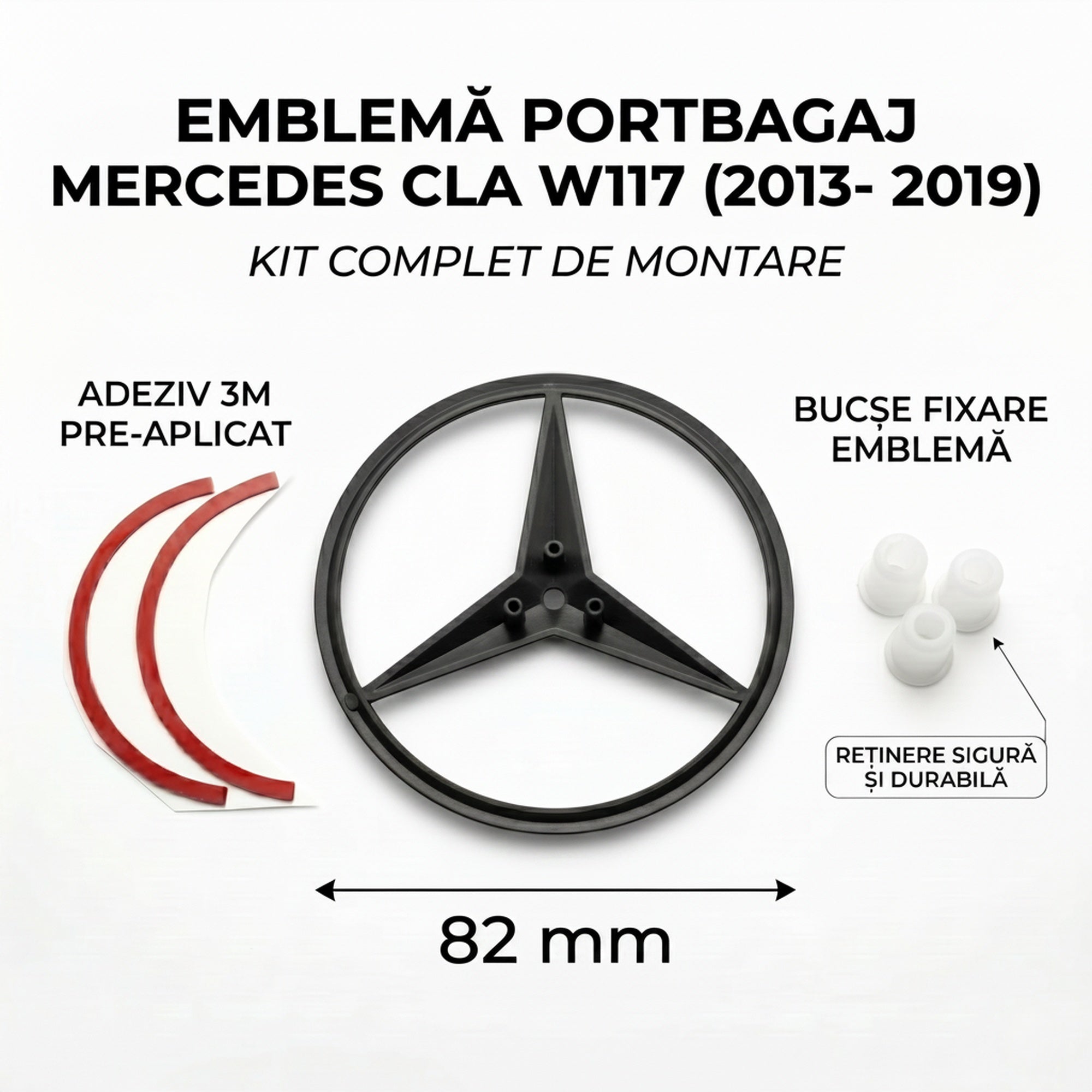Emblemă Stea Portbagaj Mercedes-Benz CLA C117 82 mm Negru Lucios, ABS