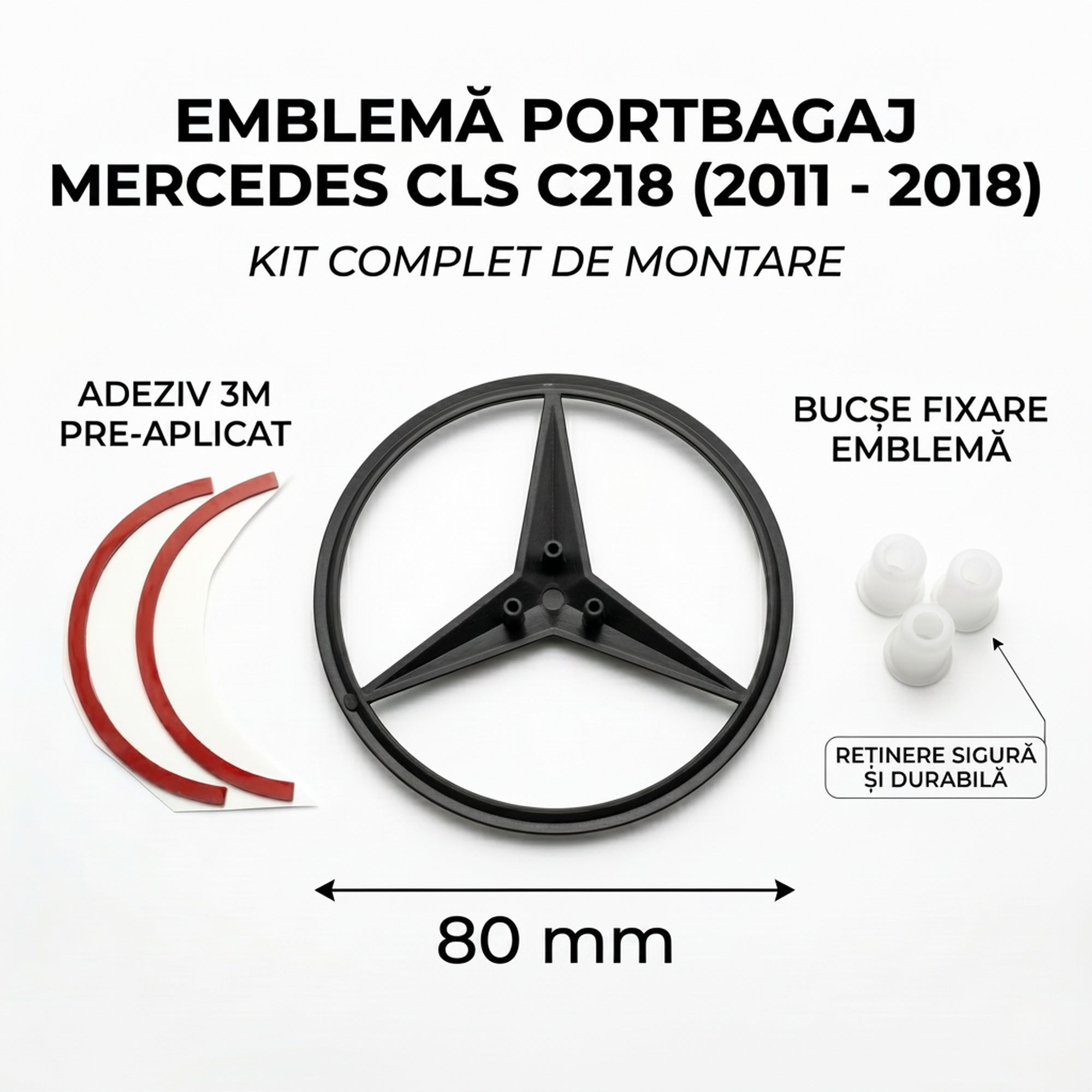 Emblemă Stea Portbagaj Mercedes-Benz CLS C218 80 mm Negru Lucios, ABS