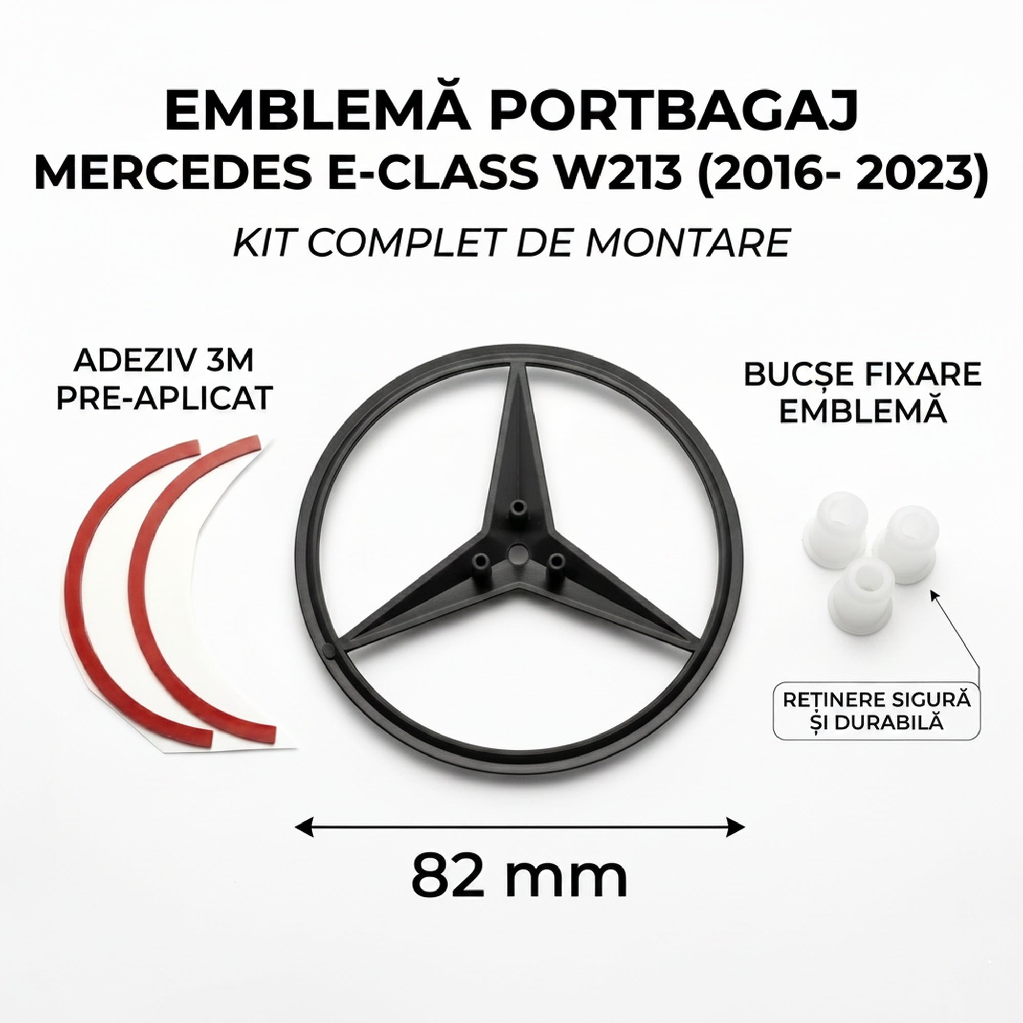 Emblemă Stea Portbagaj Mercedes-Benz E-Class W213 / S213 82 mm Negru Lucios, ABS