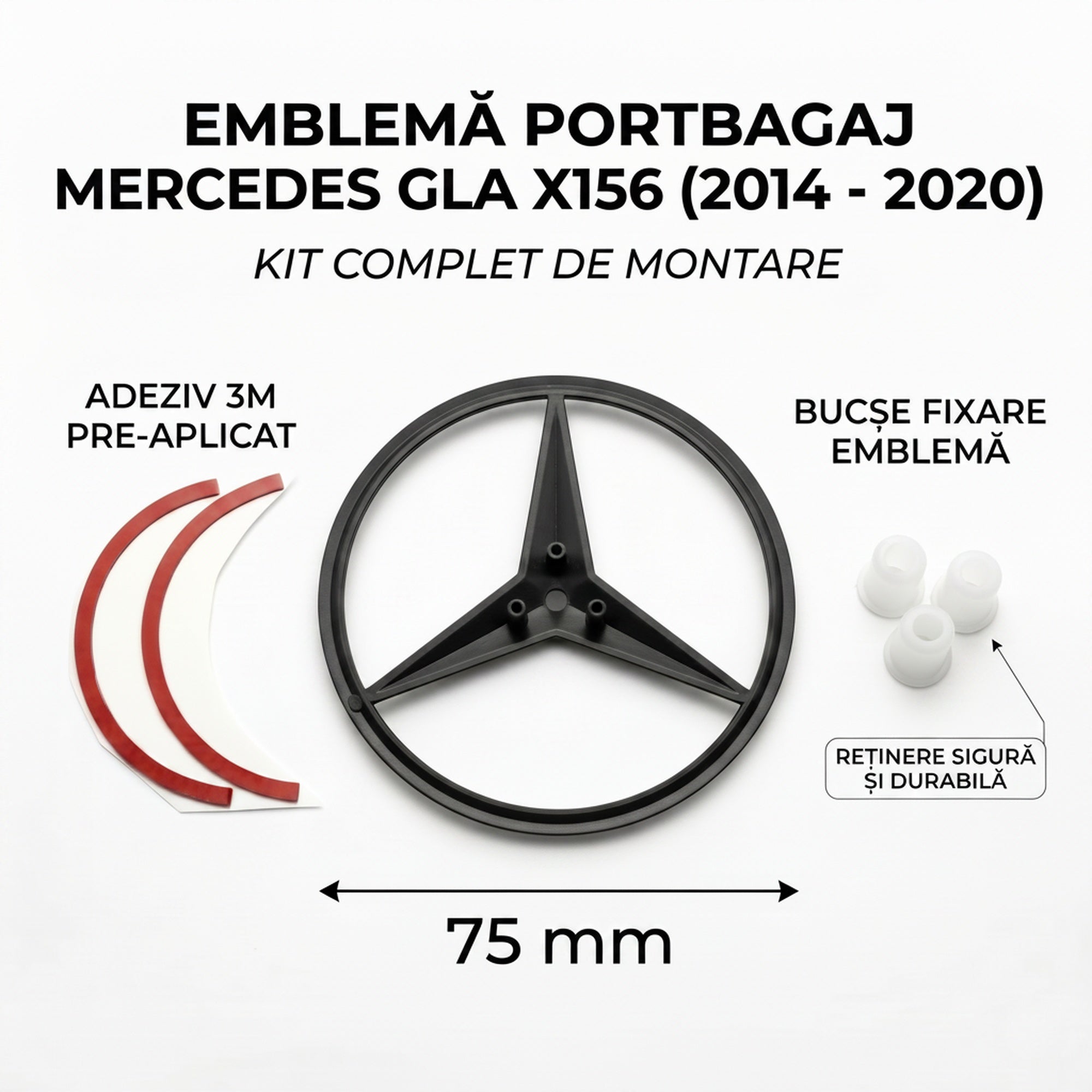 Emblemă Stea Portbagaj Mercedes-Benz GLA X156 75 mm Negru Lucios, ABS