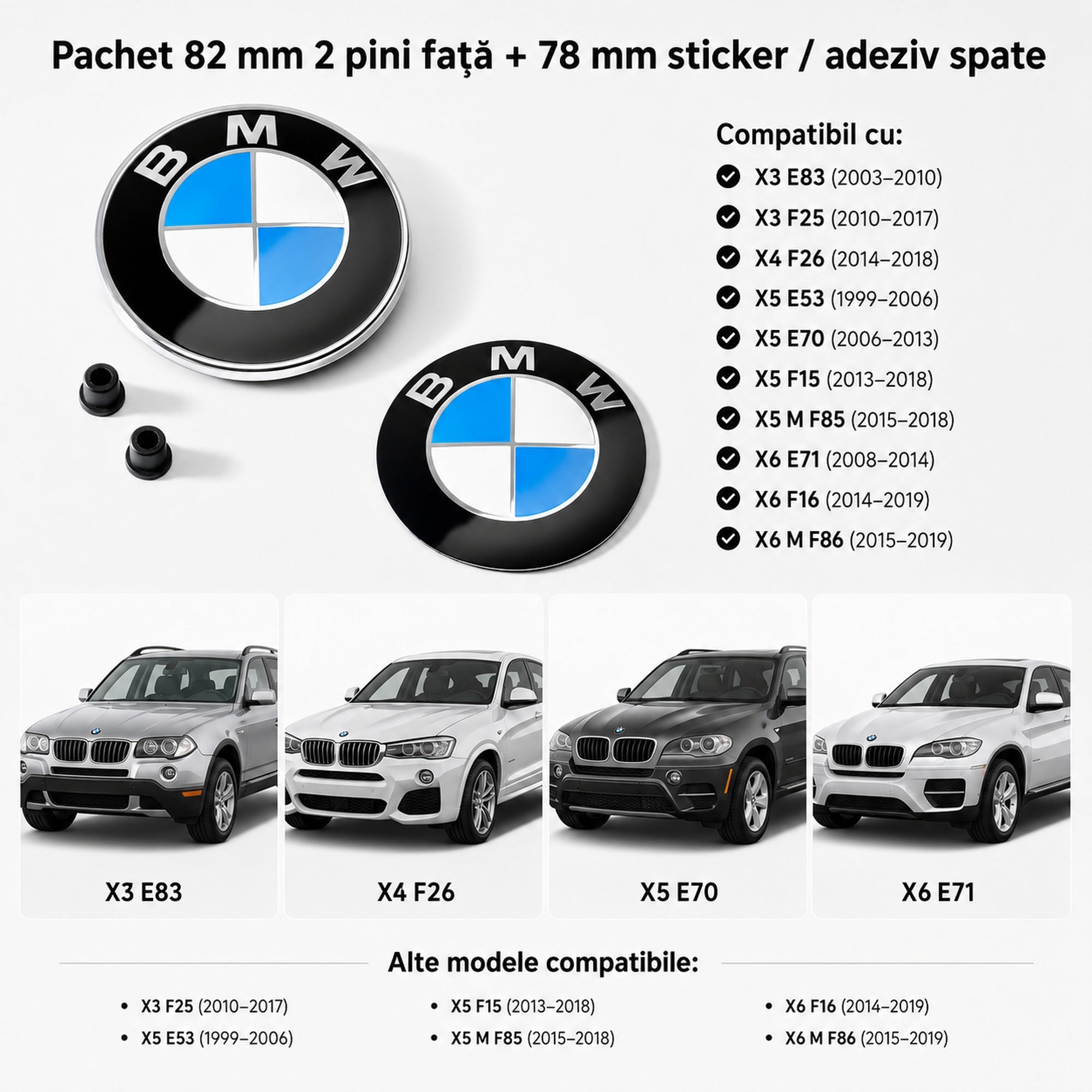 Set embleme BMW fata + spate 82mm 2 pini + 78mm sticker adeziv