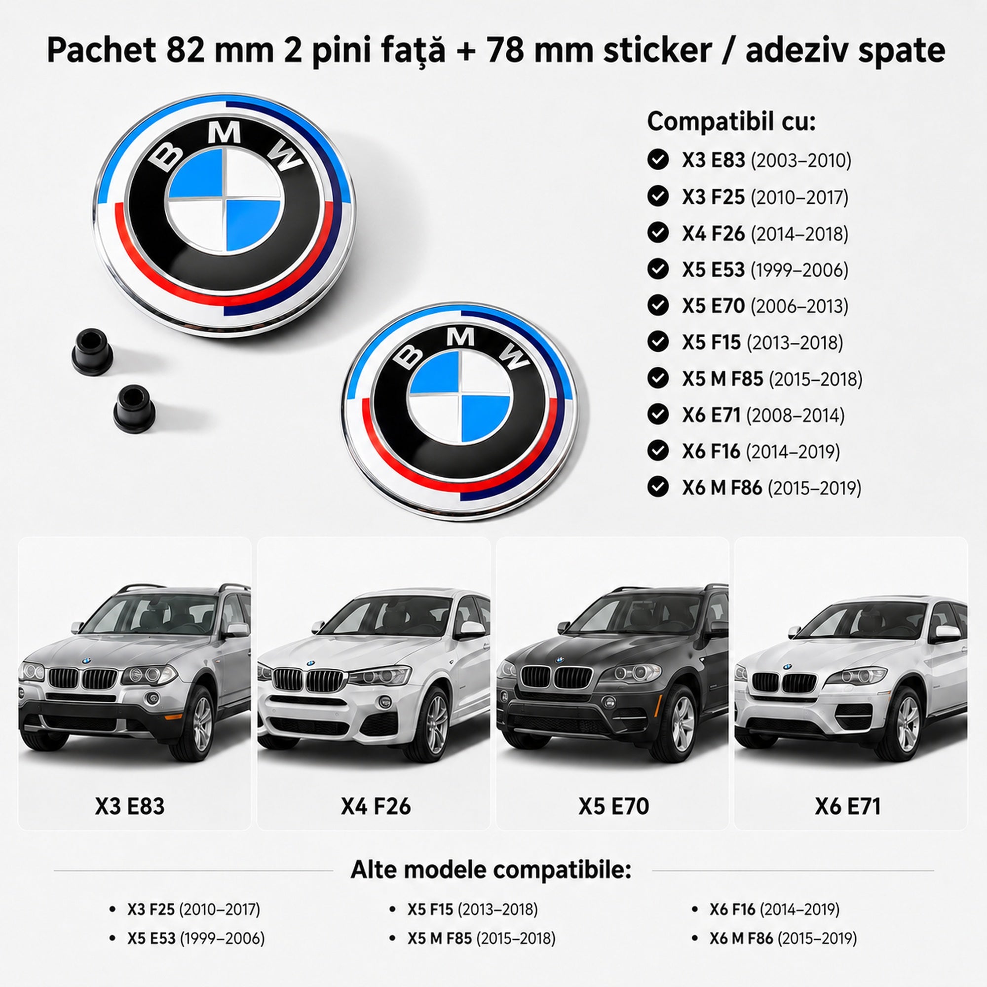 Set embleme BMW fata + spate 82mm 2 pini + 78mm sticker adeziv