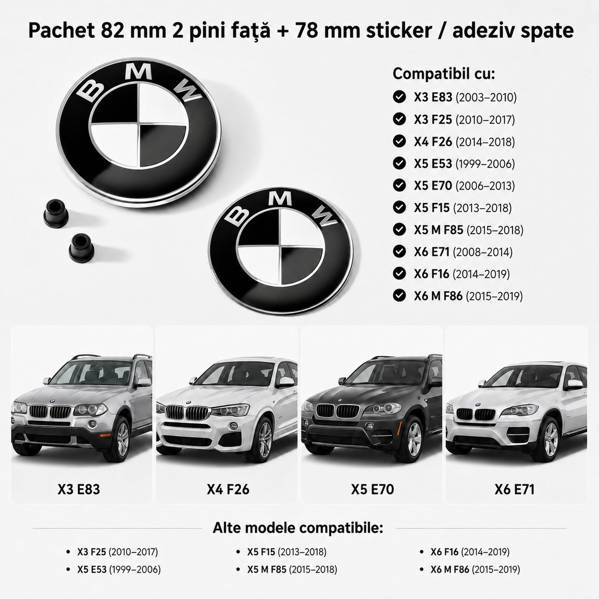 Set embleme BMW fata + spate 82mm 2 pini + 78mm sticker adeziv