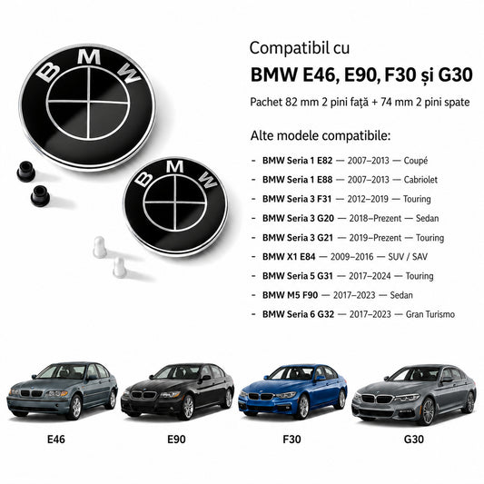 Set embleme BMW fata + spate 82mm 2 pini + 74mm 2 pini