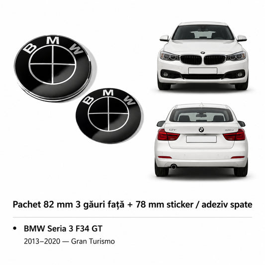 Set embleme BMW fata + spate 82mm 3 gauri + 78mm sticker adeziv
