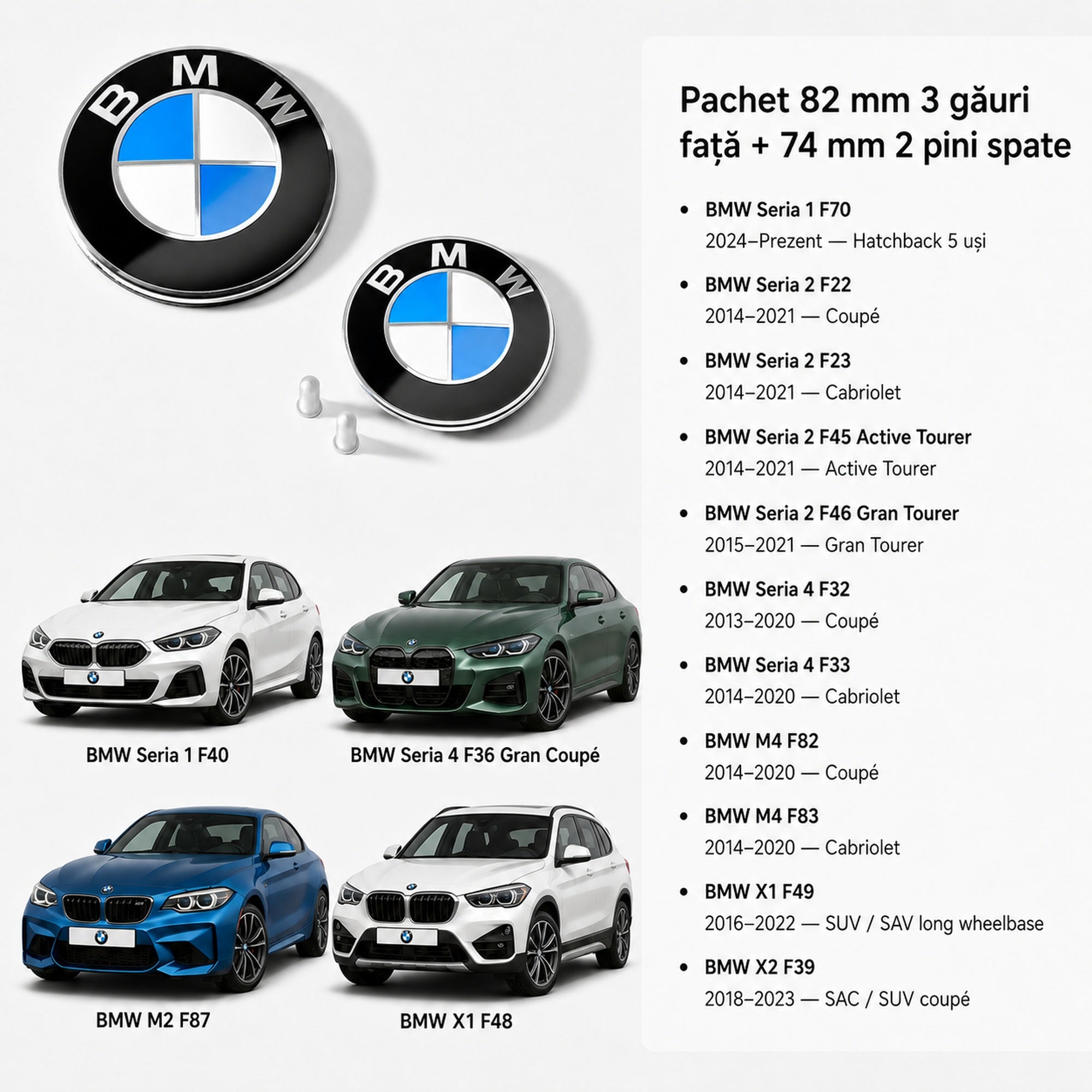 Set embleme BMW fata + spate 82mm 3 gauri + 74mm 2 pini