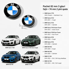 Set embleme BMW fata + spate 82mm 3 gauri + 74mm 2 pini