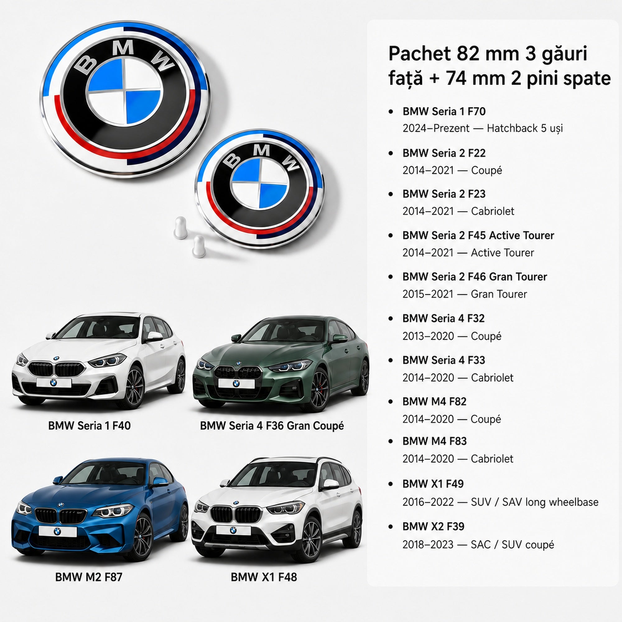 Set embleme BMW fata + spate 82mm 3 gauri + 74mm 2 pini