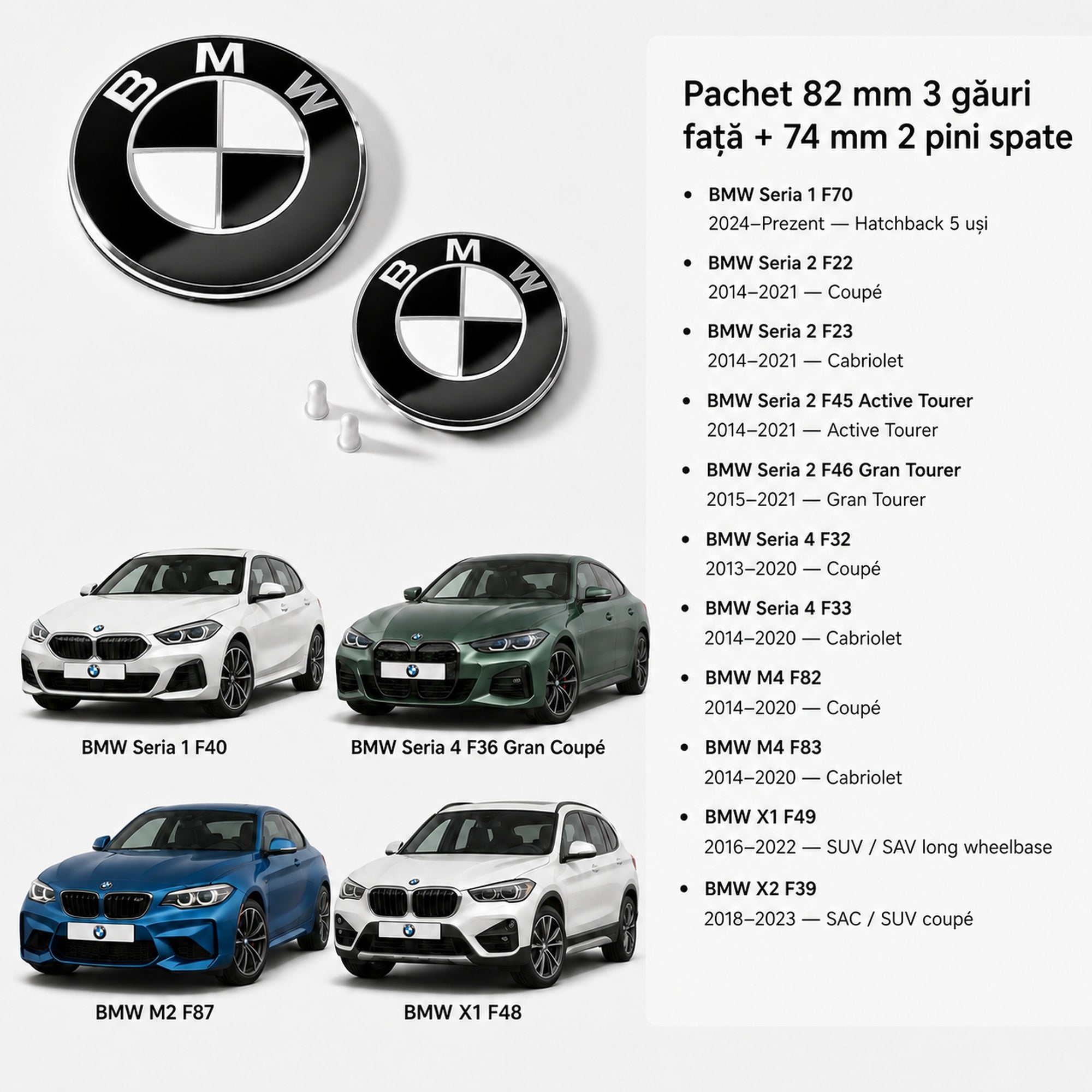 Set embleme BMW fata + spate 82mm 3 gauri + 74mm 2 pini