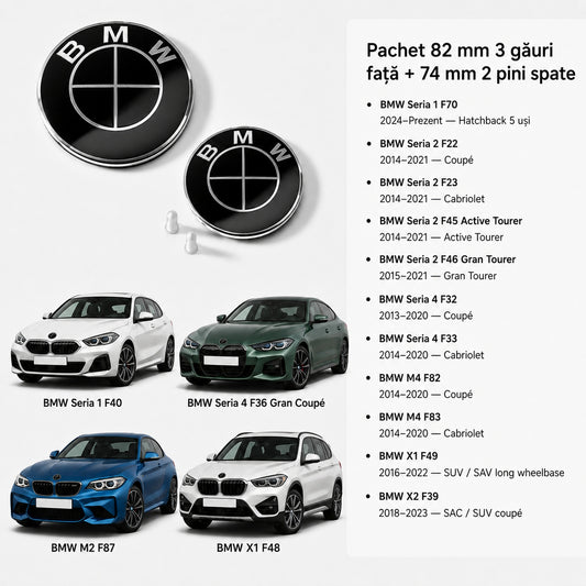 Set embleme BMW fata + spate 82mm 3 gauri + 74mm 2 pini