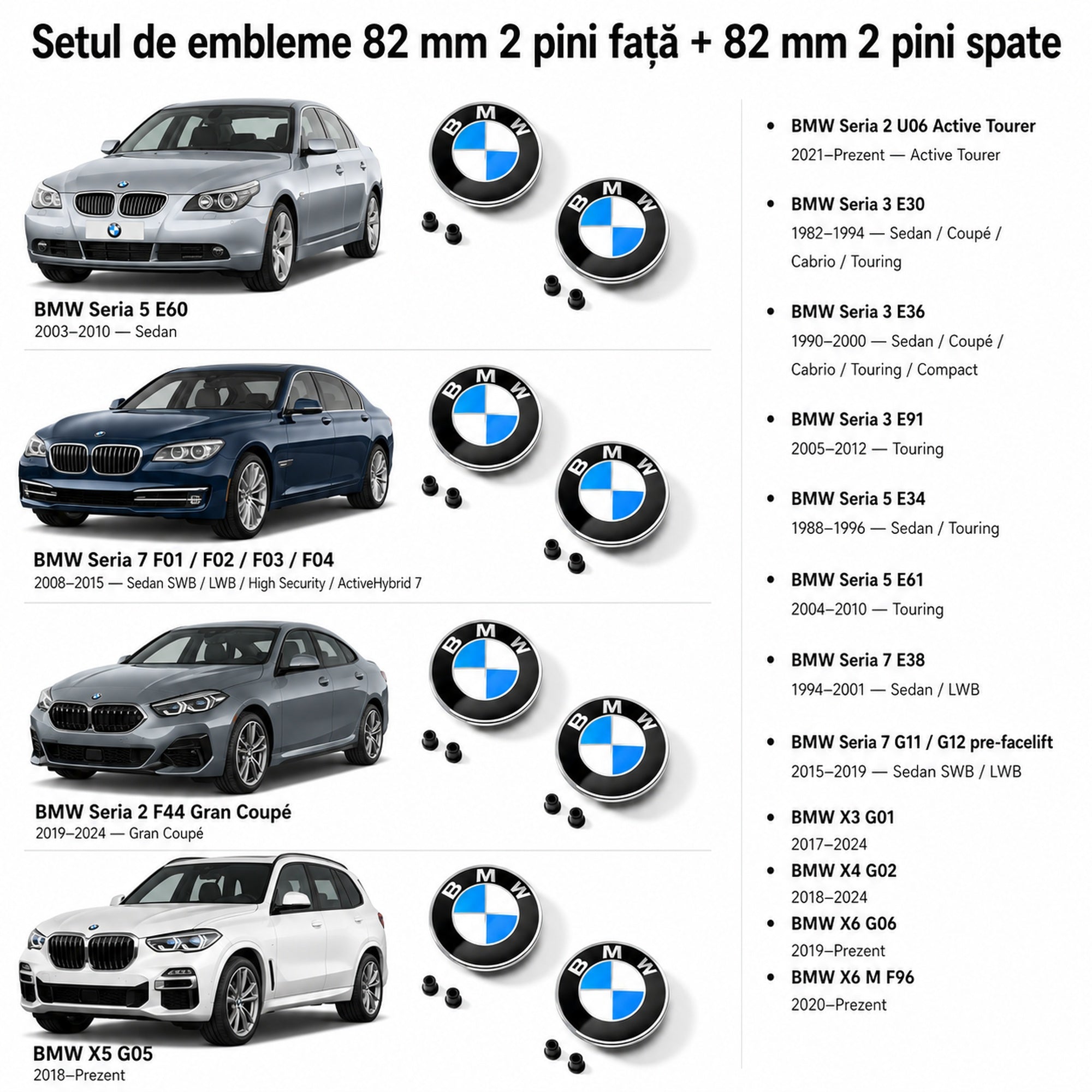 Set embleme BMW fata + spate 82mm 2 pini + 82mm 2 pini