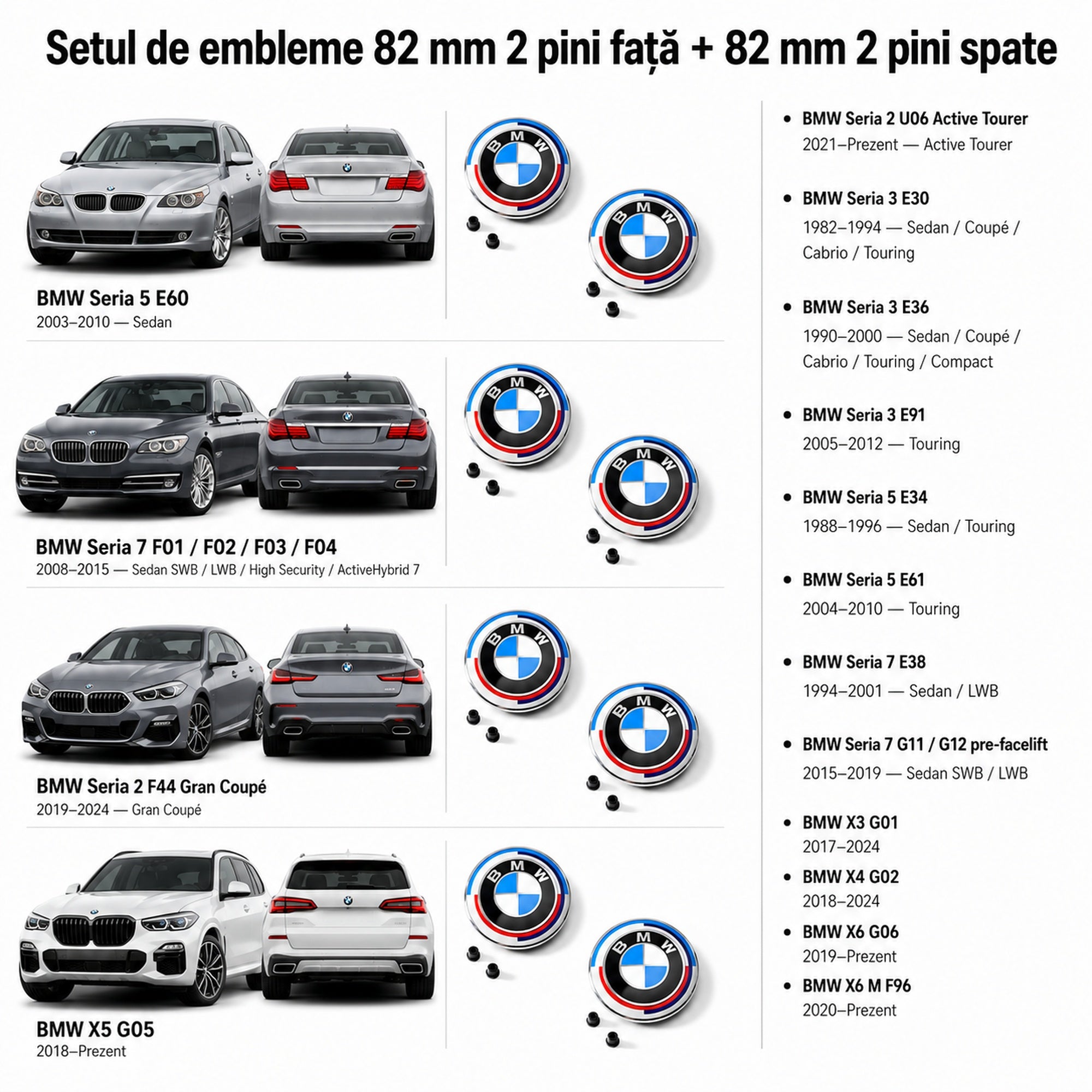 Set embleme BMW fata + spate 82mm 2 pini + 82mm 2 pini