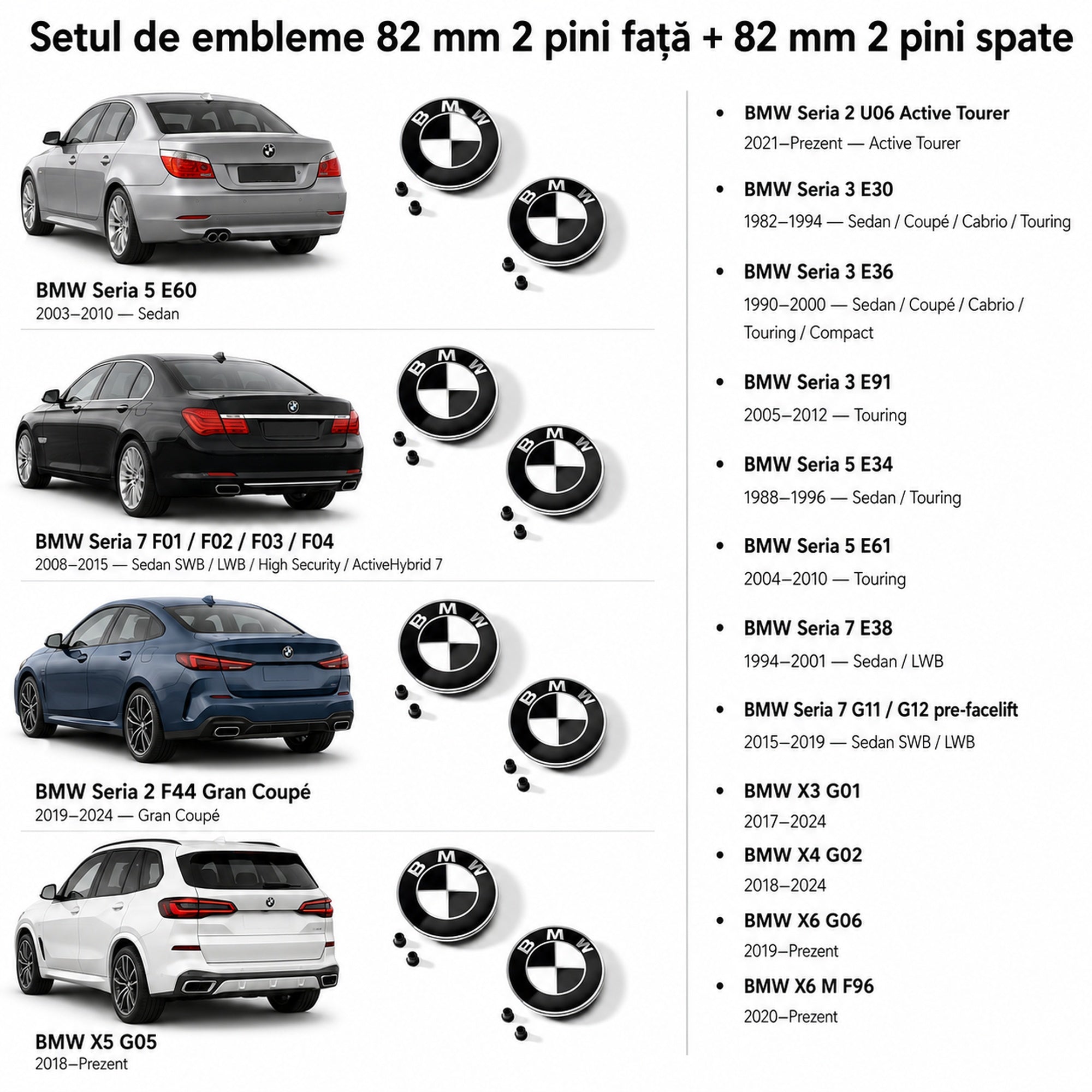 Set embleme BMW fata + spate 82mm 2 pini + 82mm 2 pini