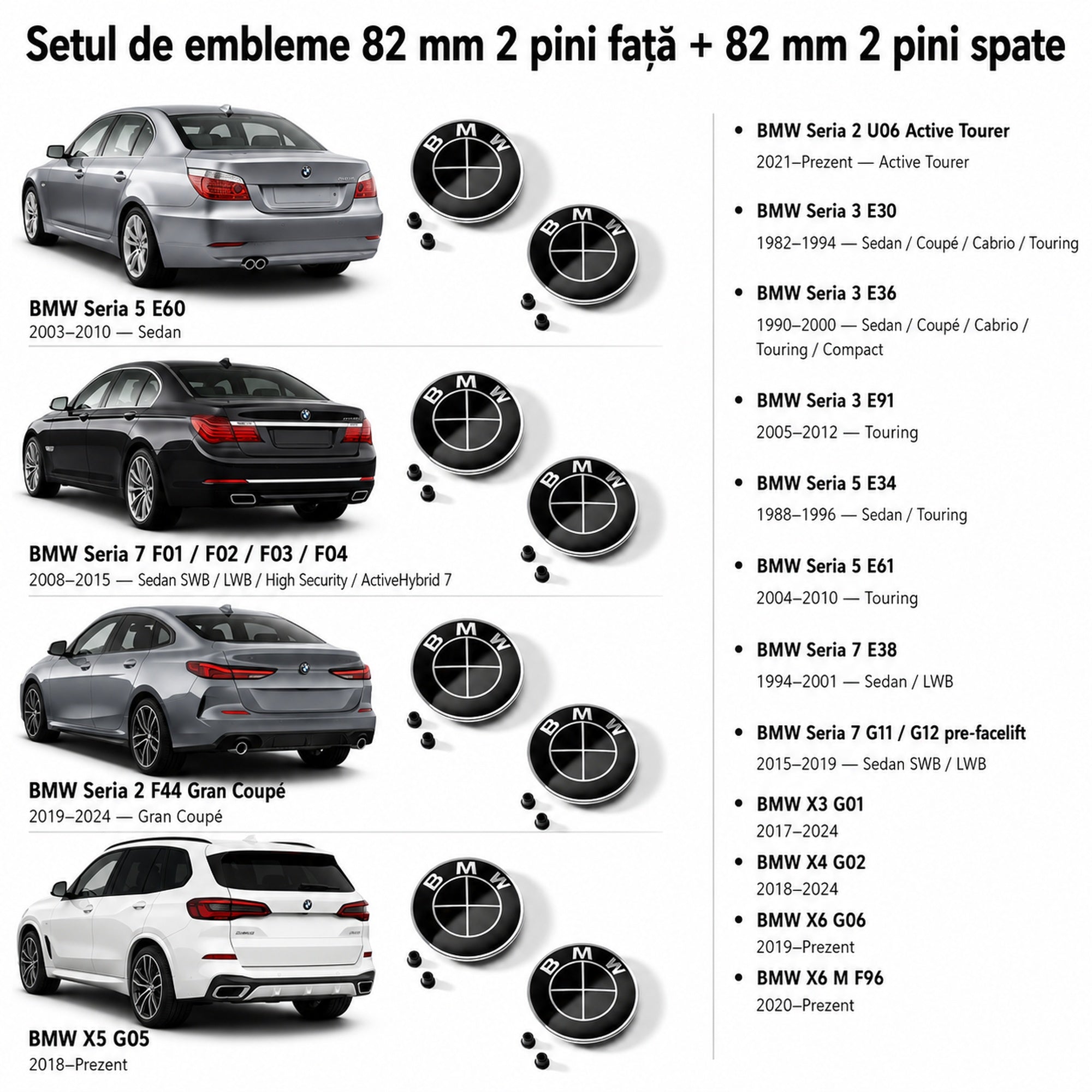 Set embleme BMW fata + spate 82mm 2 pini + 82mm 2 pini
