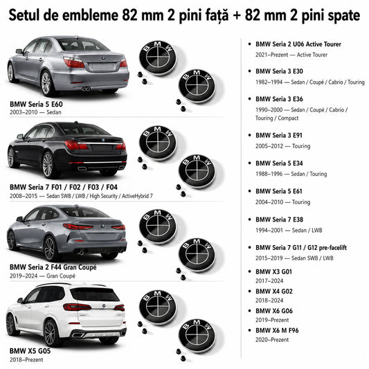 Set embleme BMW fata + spate 82mm 2 pini + 82mm 2 pini