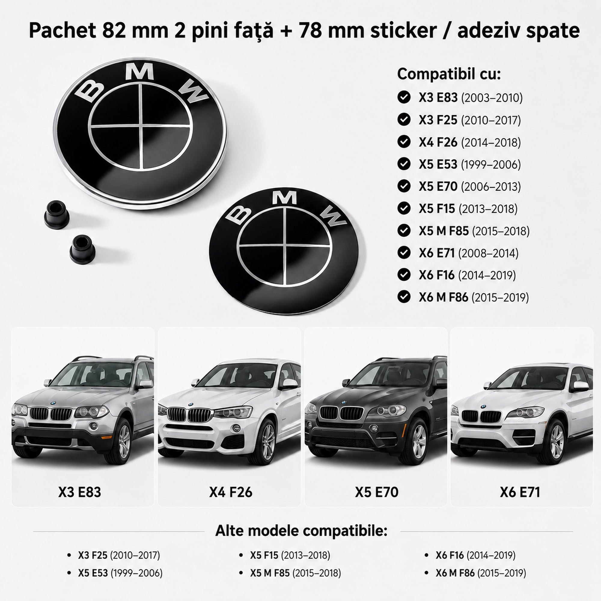 Set embleme BMW fata + spate 82mm 2 pini + 78mm sticker adeziv