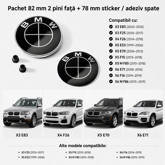 Set embleme BMW fata + spate 82mm 2 pini + 78mm sticker adeziv