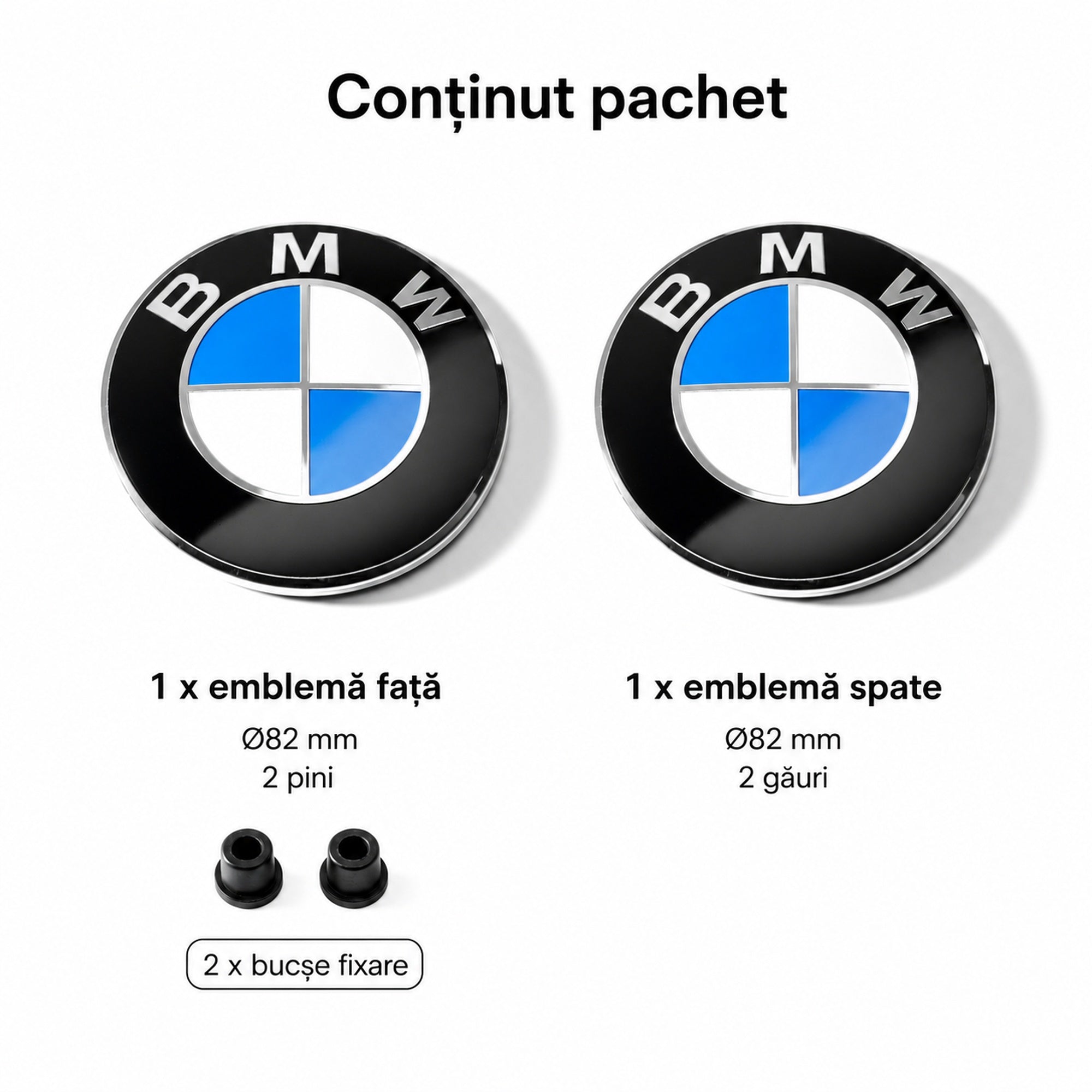 Set embleme BMW fata + spate 82mm 2 pini + 82mm 2 gauri