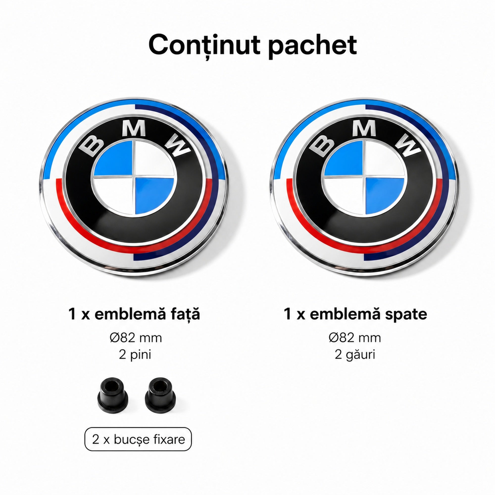 Set embleme BMW fata + spate 82mm 2 pini + 82mm 2 gauri