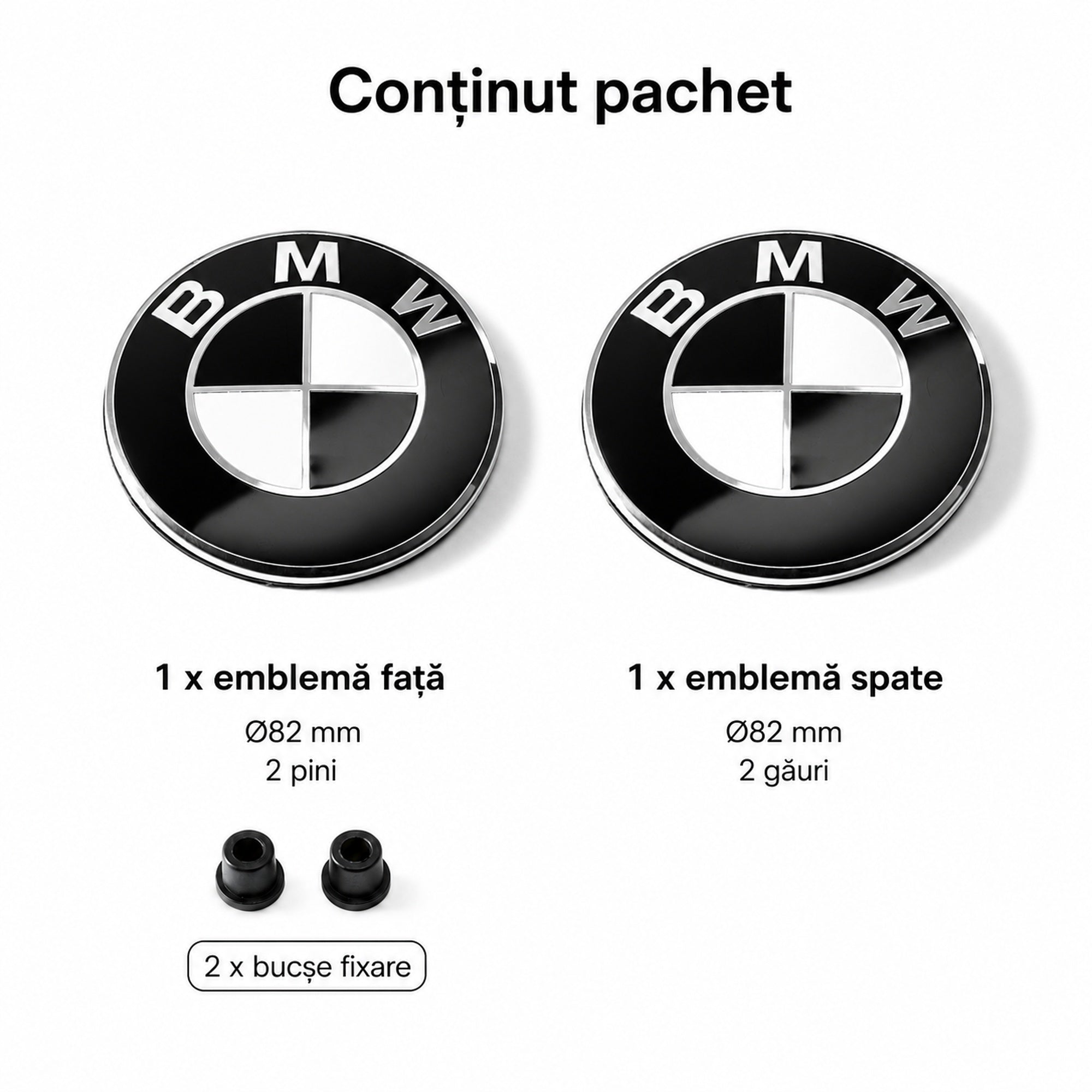 Set embleme BMW fata + spate 82mm 2 pini + 82mm 2 gauri