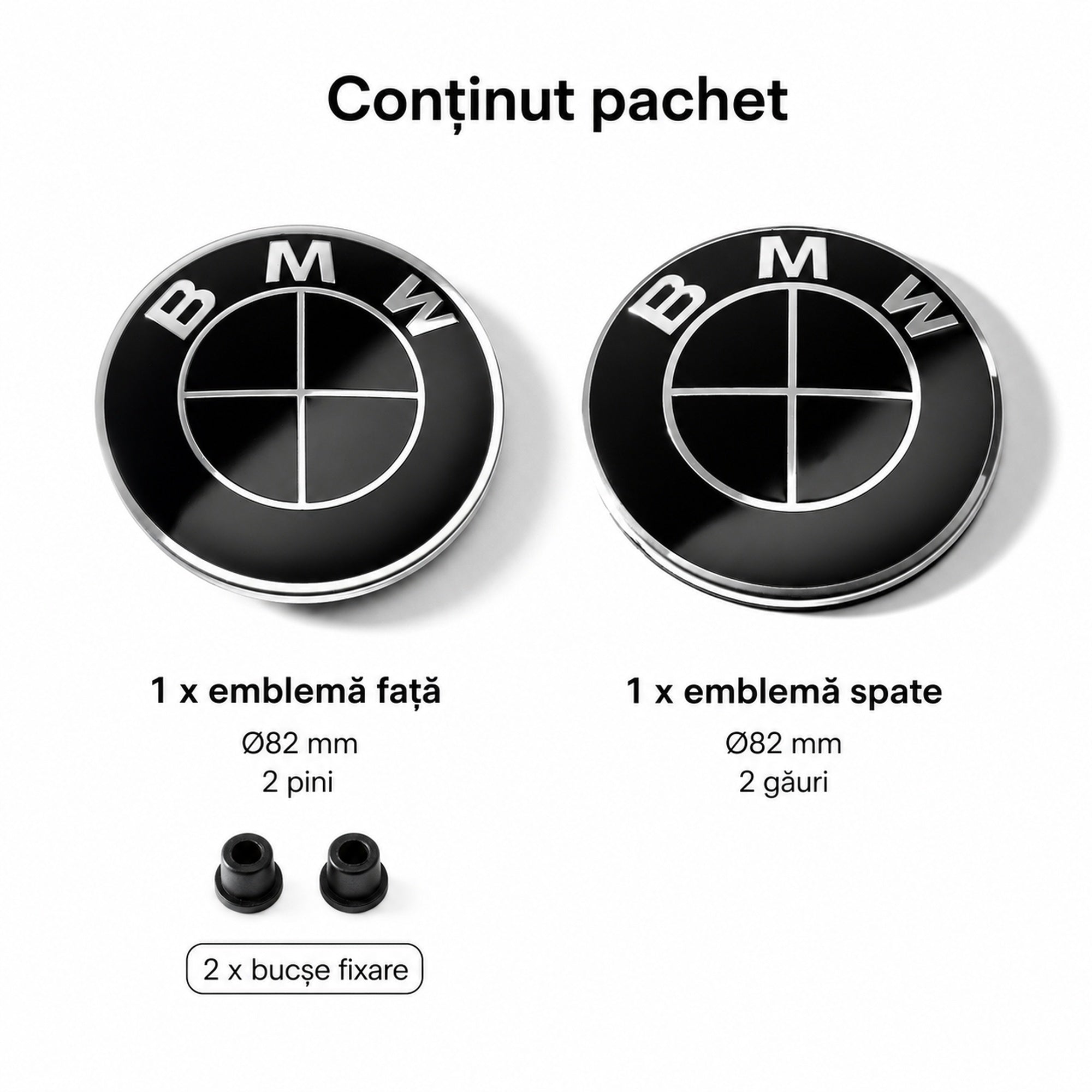 Set embleme BMW fata + spate 82mm 2 pini + 82mm 2 gauri
