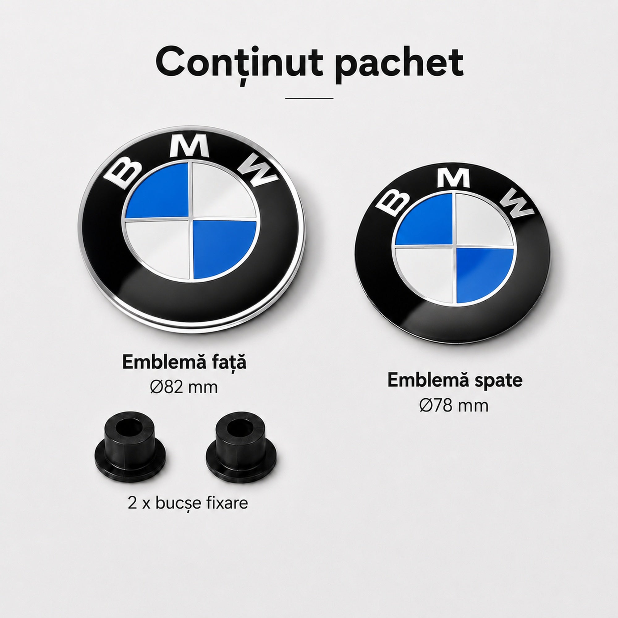 Set embleme BMW fata + spate 82mm 2 pini + 78mm sticker adeziv