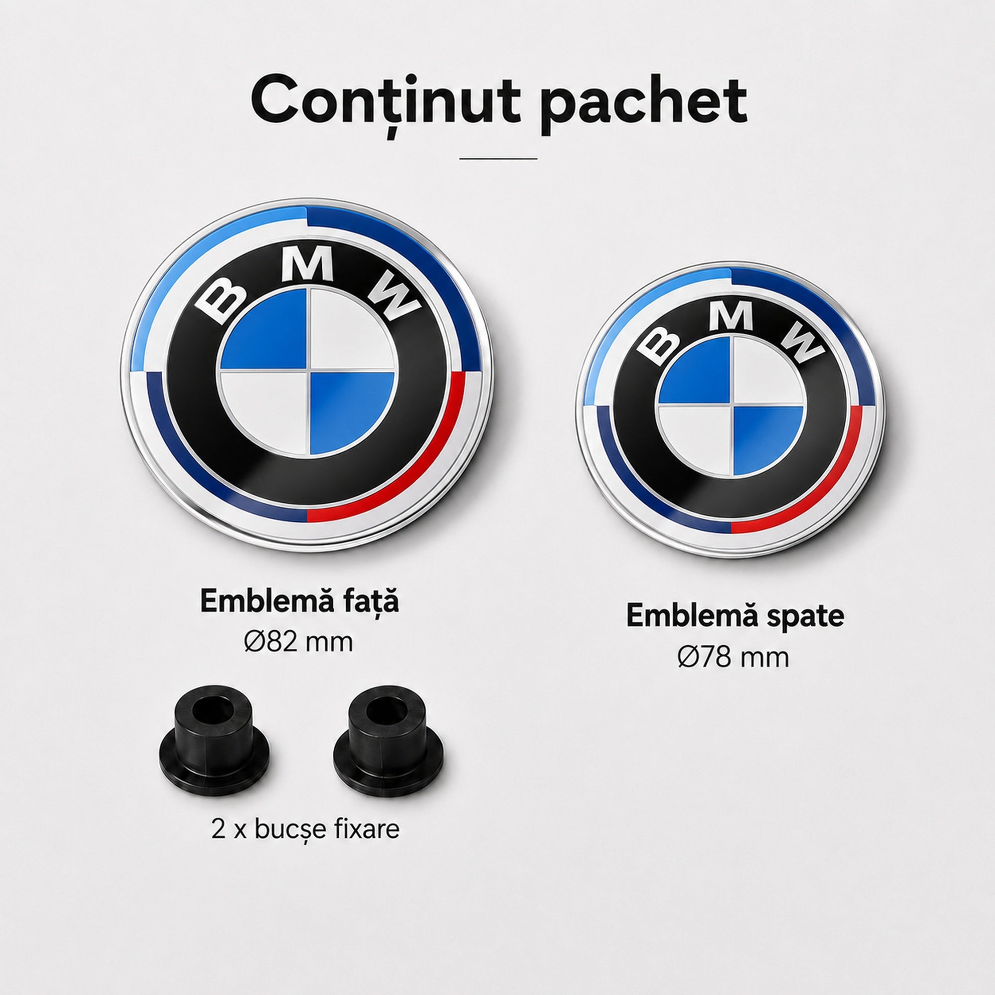 Set embleme BMW fata + spate 82mm 2 pini + 78mm sticker adeziv