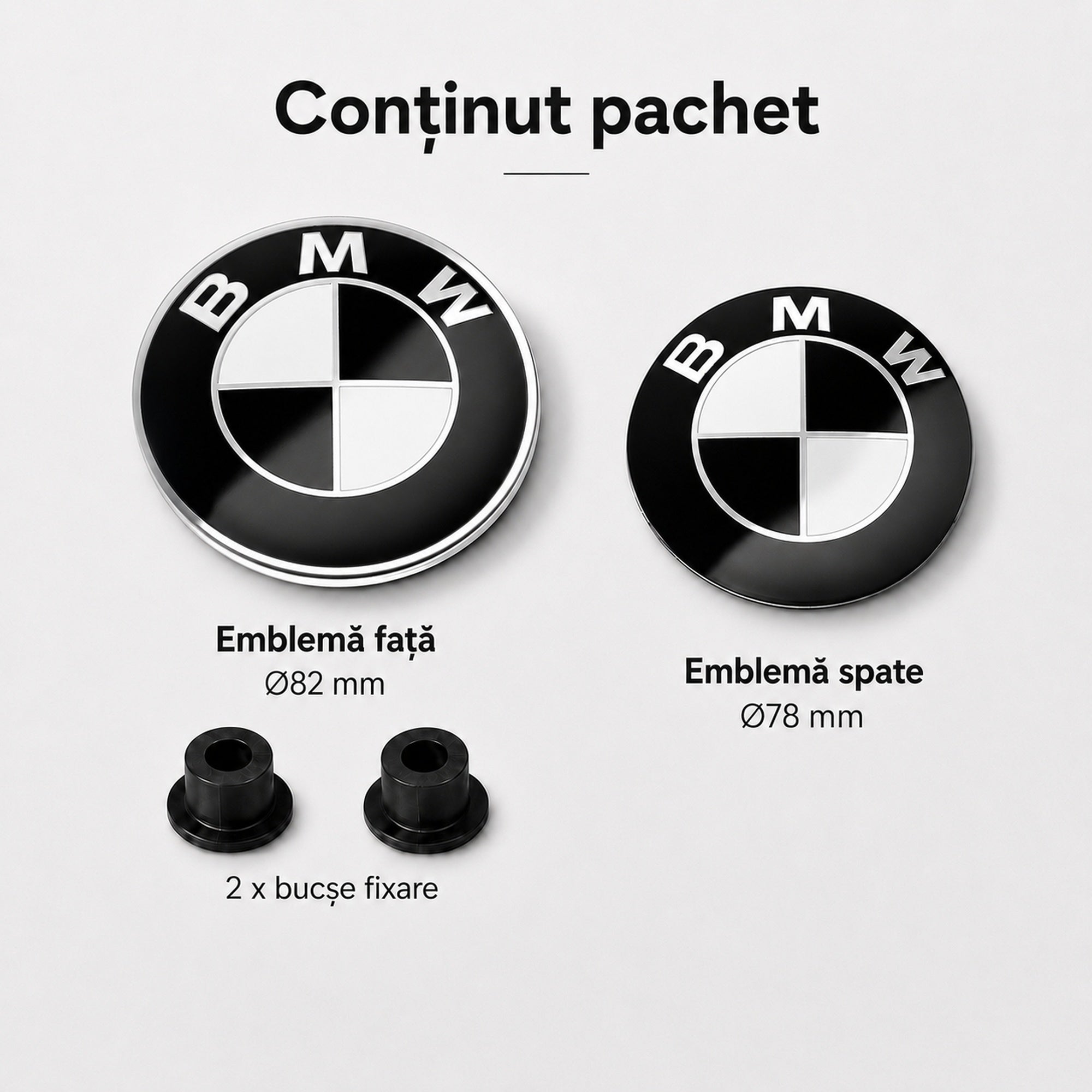 Set embleme BMW fata + spate 82mm 2 pini + 78mm sticker adeziv