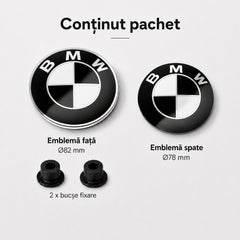 Set embleme BMW fata + spate 82mm 2 pini + 78mm sticker adeziv