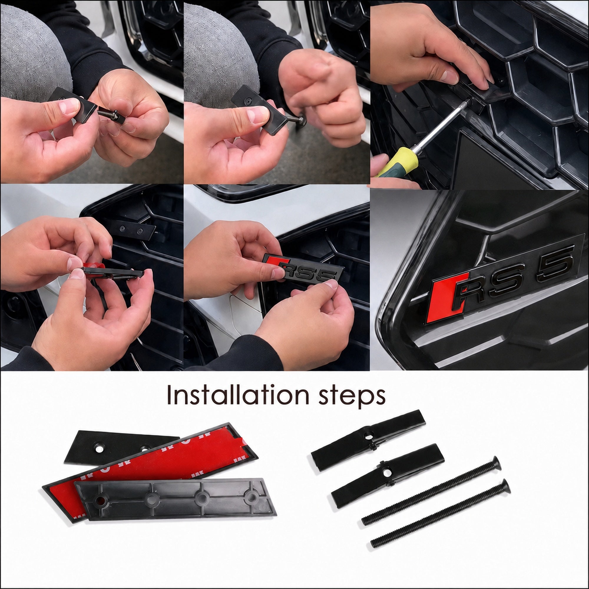Emblemă Audi RS5 pentru grilă fagure, 11,3 × 2,2 cm, Negru Lucios