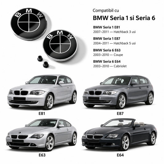 Set embleme BMW fata + spate 82mm 2 pini + 82mm 2 gauri