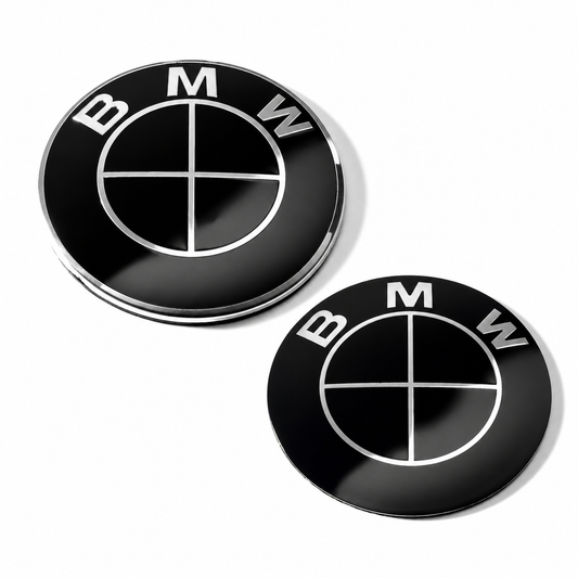 Set embleme BMW fata + spate 82mm 2 gauri + 78mm sticker adeziv