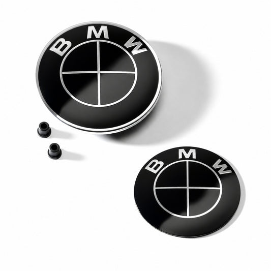 Set embleme BMW fata + spate 82mm 2 pini + 78mm sticker adeziv