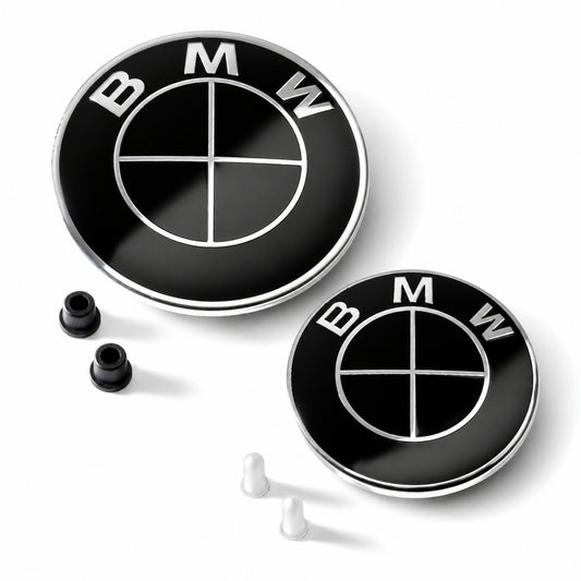 Set embleme BMW fata + spate 82mm 2 pini + 74mm 2 pini