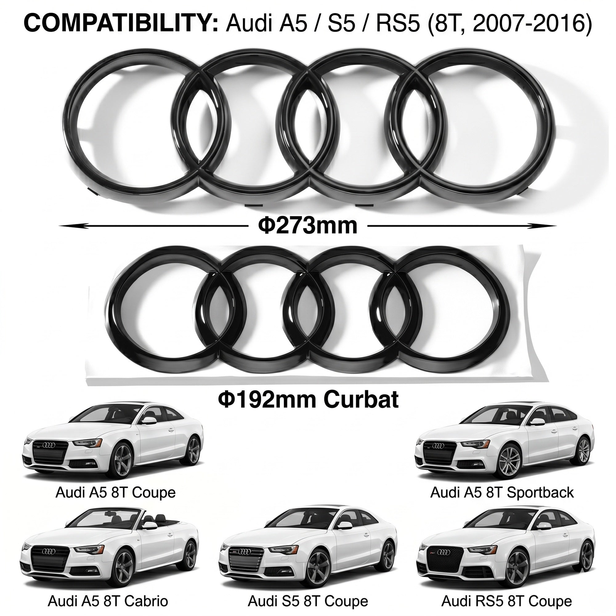 Set embleme Audi A5 8T Sportback, față 273 + spate curbat 192 mm, Negru Lucios